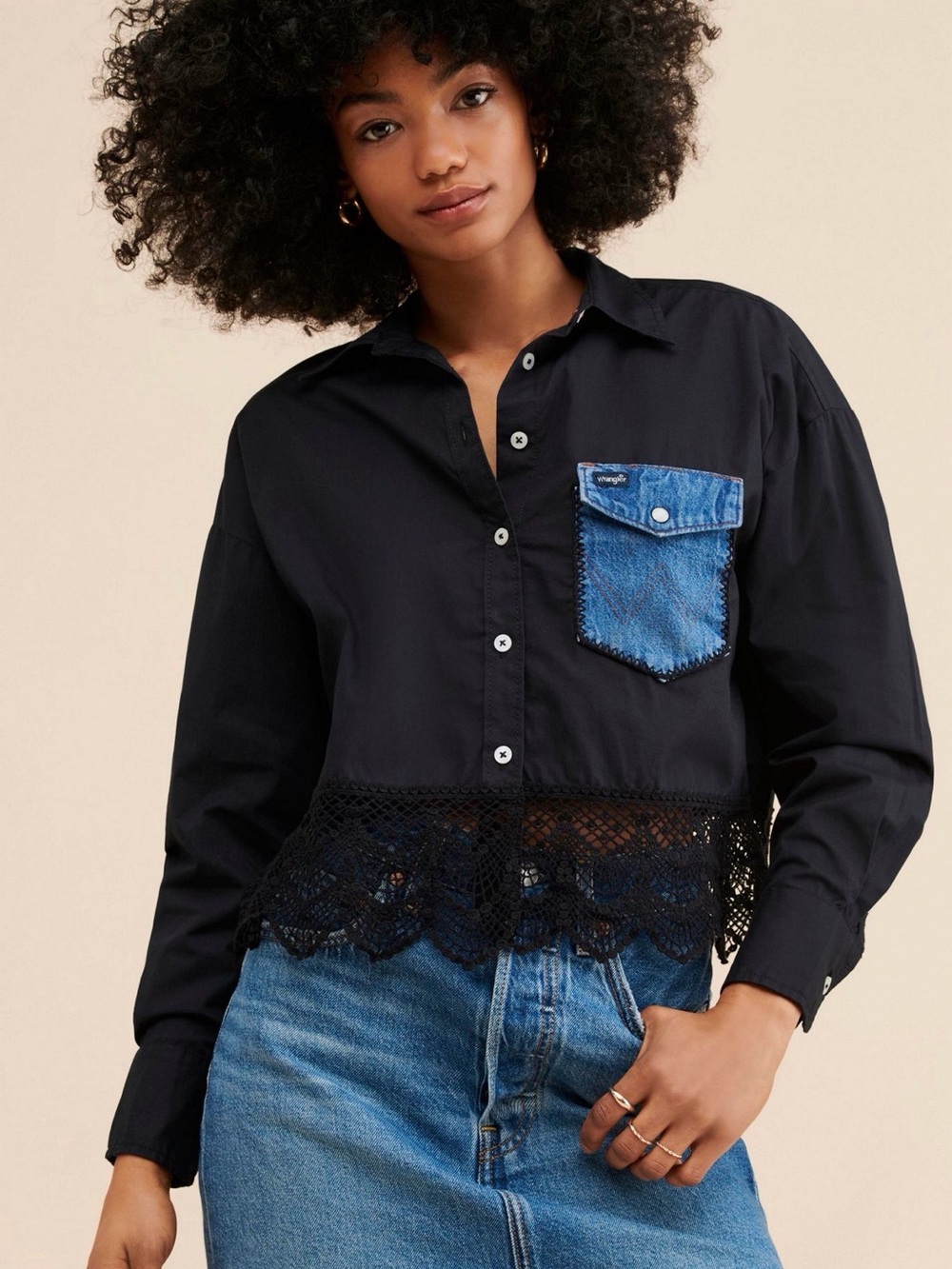 Tricia X Free People. Black Button-Front Lace Hem Shirt with Denim Pocket